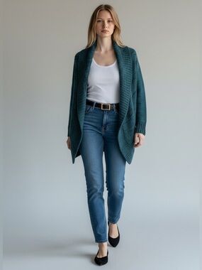 Ricki’s  Circle Cardigan Open Front Draped Collar Sweater Teal Green Black Small
